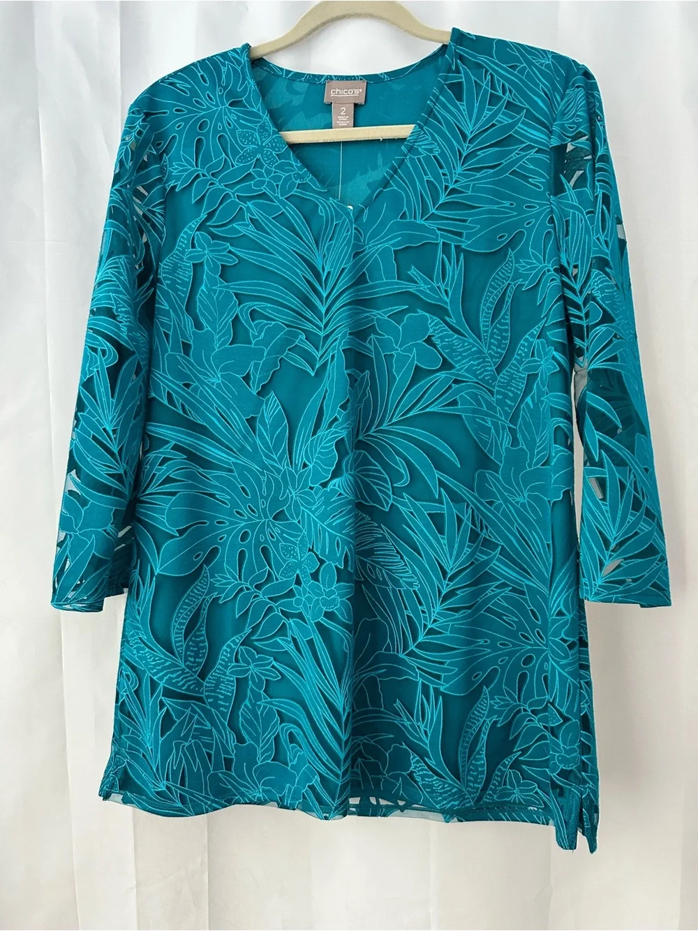Chico's Size 2 Teal Floral V-Neck Tunic Top Sheer Tropical Botanical - Picture 1 of 6